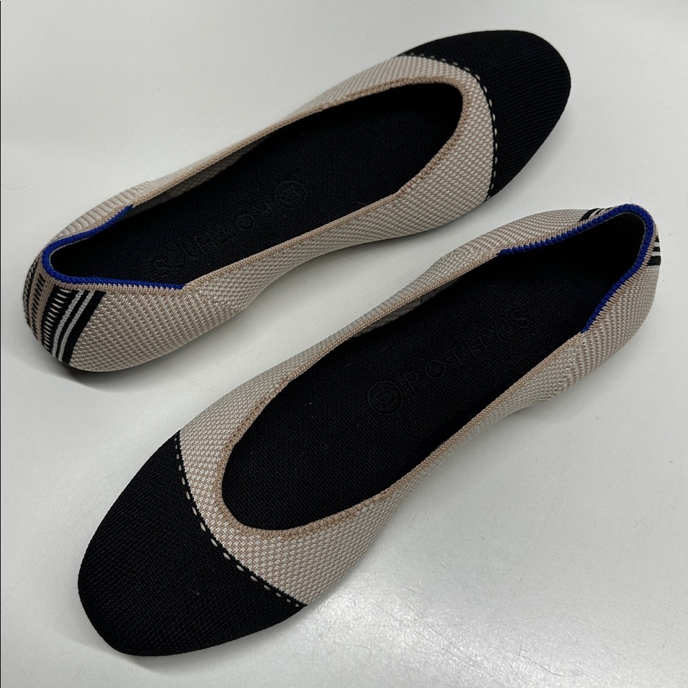 Rothys Ballet Flats Shoes The Square Knit Cap Toe Slip On Tuxedo Cream Black 9.5